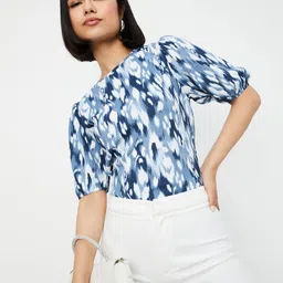 max Women Abstract Print Puff Sleeve Round Neck Regular Top-90