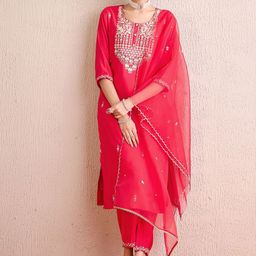 Indo Era Women Embroidered Regular Sequinned Kurta with Trousers & With Dupatta-image-33