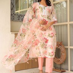 Suhikar Women Floral Printed Regular Beads and Stones Chanderi Cotton Kurta with Trousers & With Dupatta-11