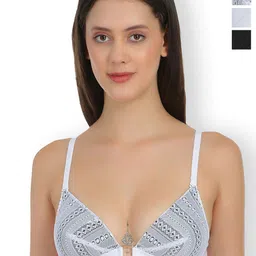 SELFCARE Pack Of 3 Net Embroided Half Coverage Lightly Padded Plunge Bra-picture-4