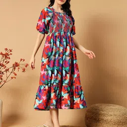Jash Creation Printed Puff Sleeves Smocked Fit & Flare Midi Dress-image-77