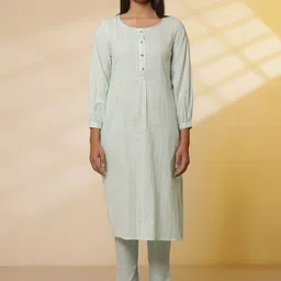 AURELIA Striped Woven Design Puffed Sleeves Cotton Straight Kurta with Trousers-image-17