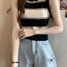 KPOP Women Round Neck Sleeveless Horizontal Striped Top-picture-51