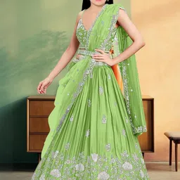 F Plus Fashion Girls Thread Work Semi-Stitched Lehenga & Unstitched Blouse With Dupatta-image-45