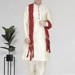 SKAVIJ Men Ethnic Motifs Yoke Design Regular Thread Work Dupion Silk Kurta with Churidar & With Dupatta-picture-51