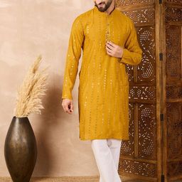 House of Pataudi Men Embroidered Sequin Mandarin Collar Straight Kurta-image-79