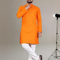 PoshSide Men Solid Straight Kurta (Orange)-image-92