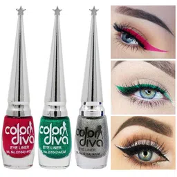Color Diva Set Of 3 Water Resistant Liquid Eyeliner - 6 ml Each - Pink-Green-Grey-2