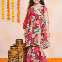 BAESD Girls Floral Printed Angrakha Kurta with Sharara & With Dupatta-image-2
