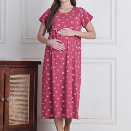 Secret Wish Women Star Printed Pure Cotton Maternity Nighty-image-74