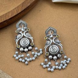 NAMAN ARTS Silver-Plated Artificial Stone And Beaded Contemporary Oxidised Drop Earrings-31