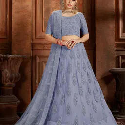 ODETTE Embroidered Beads and Stones Soft Net Semi-Stitched Lehenga & Blouse With Dupatta image 3