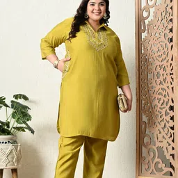 PrettyPlus by Desinoor.com Plus Size Embroidered Mirror Work Roman Silk Tunic With Trouser-0