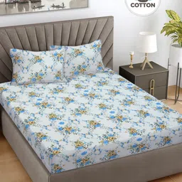 FABINALIV Blue & Mustard Floral 300 TC King Bedsheet with 2 Pillow Covers-image-19