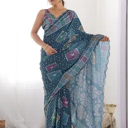 ODETTE Ethnic Motifs Mirror Work Poly Georgette Saree-29