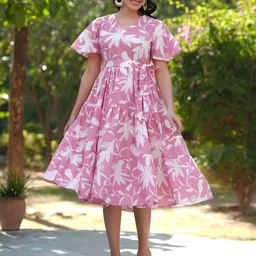 Janasya Women Pink Pure Cotton Floral Printed Tiered Dress-image-80