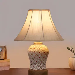 Devansh Off White & Red Textured Wooden Frustum Shaped Table Lamp With Mosaic Glass Base image 2