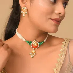 DASTOOR Gold-Plated Kundan-Studded & Beaded Jewellery Set-image-43