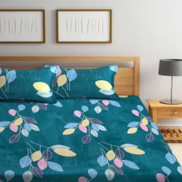 arrabi Green Floral 300 TC Cotton Blend Double King Sized Bedsheet With 2 Pillow Covers-picture-24