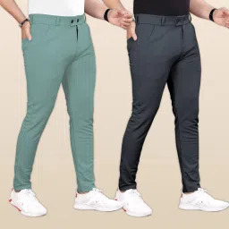 Pack of 2 Men Slim Fit Green, Grey Lycra Blend Trousers-image-54
