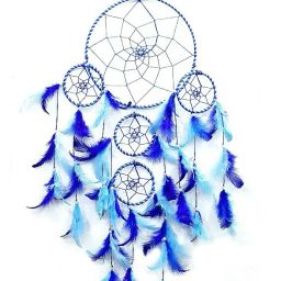 QS SALES Dream Catcher, Wall Hangings, Home Decor, Handmade Dreamcatcher For Bedroom, Balcony, Garden, Party, Cafe, Big 5 Ring Beaded Blue Feathers Iron Windchime (76 cm, Blue) Nylon Dream Catcher-image-25