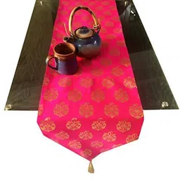 Pink Parrot Pink Ethnic-Motif Jacquard Silk Table Runner With Tassels-52