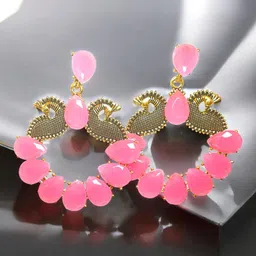 M55 Gold-Plated Artificial Stones Studded Contemporary Shaped Drop Earrings-6