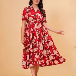 BAESD Floral Printed Shirt Collar Short Sleeves Tiered Shirt Midi Dress With Tie-Ups-image-80