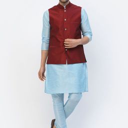TS LIFESTYLE Dupion Silk Mandarin Collar Straight Kurta With Churidar And Nehru Jacket-image-89