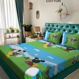 Myntra Elegant Homes Blue & Green Cartoon Characters 400 TC King Bedsheet with 2 Pillow Covers-image-96