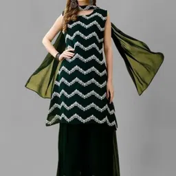 PARROT CREATION Floral Embroidered Sequinned Georgette Kurti With Sharara And Dupatta-image-64