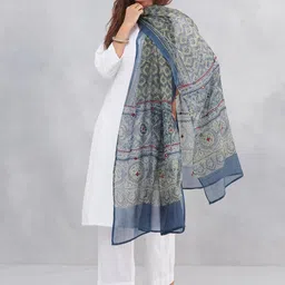 Fabindia Floral Printed Cotton Silk Dupatta With Mirror Work-picture-35