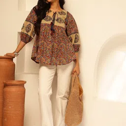 KALINI Floral Print Keyhole Neck Puff Sleeve Cotton Peplum Top-image-67