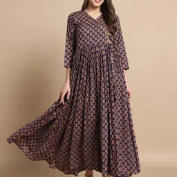 Gujari Floral Printed V-Neck Pure Cotton Fit & Flare Kurta-image-20