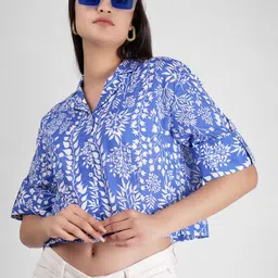 Street22 Women Tropical Printed Cuban Collar Cotton Top-image-70