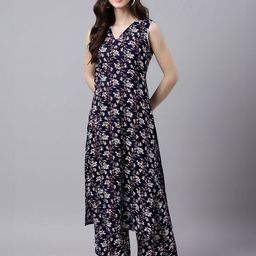 Janasya Printed V-Neck Pure Cotton Tunic With Trousers-image-10
