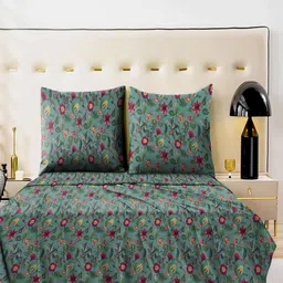 Aura Blue & Purple Floral Printed 230 TC Microfiber King Bedsheet Set 1.04 m x 90 cm-picture-4
