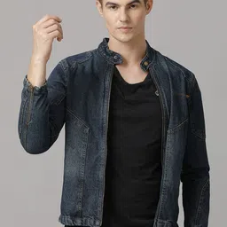 TEMPLE OF DENIM Men Asymmetric Closure Biker Jacket-image-1