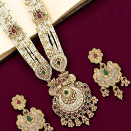 FEMMIBELLA Gold-Plated Stone-Studded & Beaded Jewellery Set-23