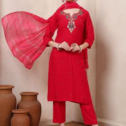 Spera Women Woven Design Embroidered Kurta with Trousers & Dupatta-image-67