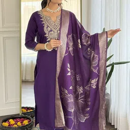 KALINI Floral Yoke Design Sequinned Pure Silk Straight Kurta With Trousers & Dupatta-picture-34