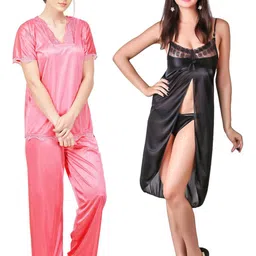 PHALIN Women Multicoloured Satin Solid Nightdress-image-99