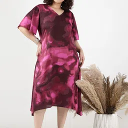 The Pink Moon Bell Sleeve Satin A-Line Midi Dress-image-34