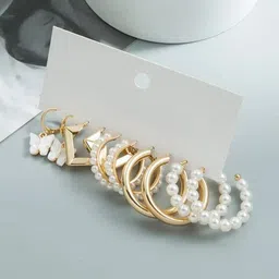 Celestria Set Of 5 korean Pearls Beaded Contemporary Hoop Earrings-15
