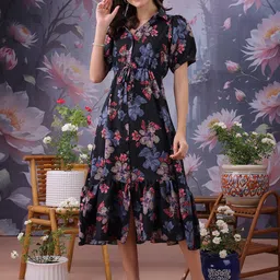 DEKLOOK Women Floral Print Shirt Collar Fit & Flare Dress-image-28