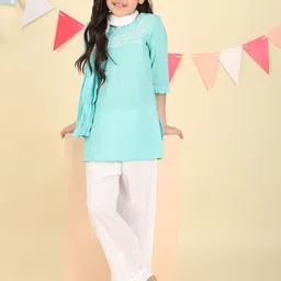 Fabindia Girls Floral Embroidered Regular Thread Work Pure Cotton Kurta with Trousers & With Dupatta-picture-2