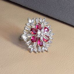 PRIVIU Silver-Plated American-Diamond Studded Floral Design Adjustable Finger Ring-15