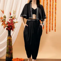indo street Embroidered Shoulder Strap Neck Crop Top & Shrug With Trousers Co-Ords-picture-52