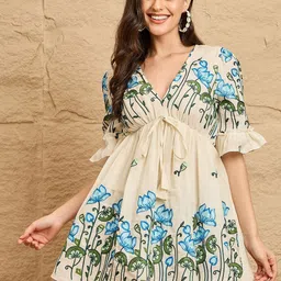 DRAPE AND DAZZLE Women V-Neck Floral Print Puff Sleeve Cotton Empire Dress-picture-41
