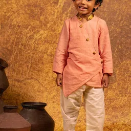 MIRALI Boys Mandarin Collar Pure Cotton Asymmetric Kurta With Trouser-image-48